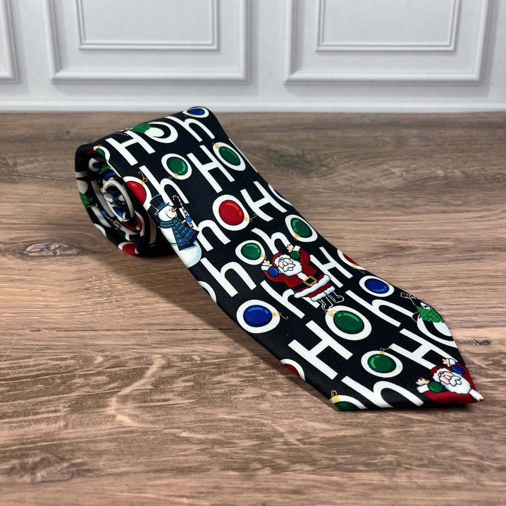 VTG Yule Tie Greetings Necktie Black Ho Ho Santa Snowman Christmas Holiday NWT